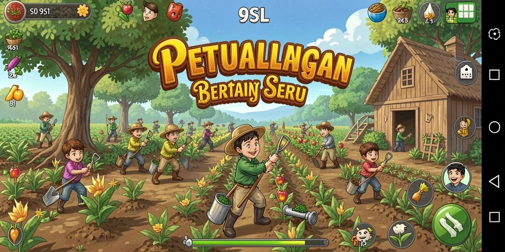 Tampilan gameplay seru di 9SL dengan aktivitas bertani.