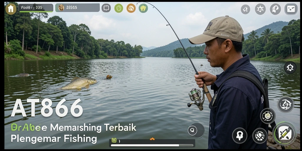 Screenshot gameplay AT866 yang menunjukkan aksi memancing yang seru.