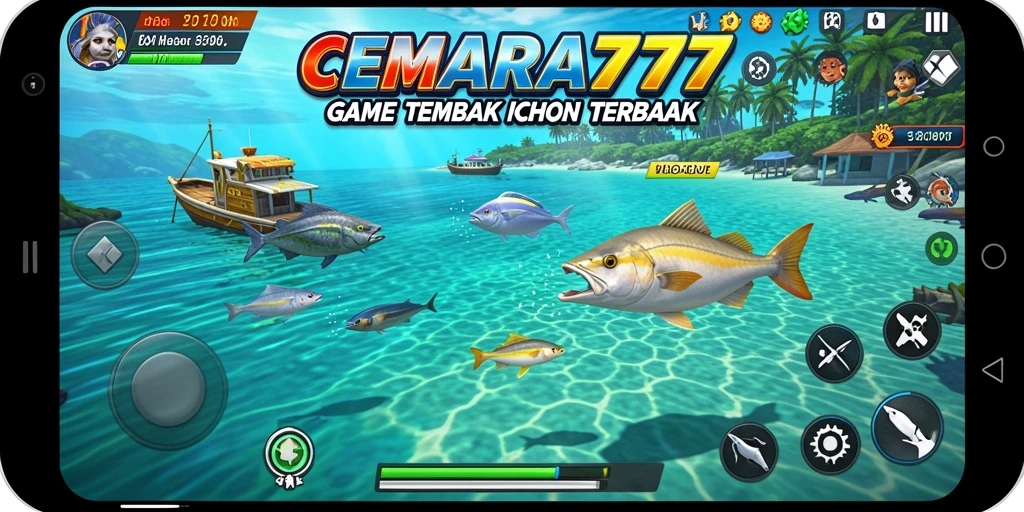 Screenshot utama CEMARA777 menampilkan aksi seru menembak ikan di bawah laut.