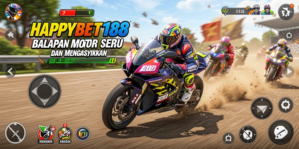 Screenshot gameplay <strong>HAPPYBET188</strong> menampilkan balapan motor yang penuh aksi.