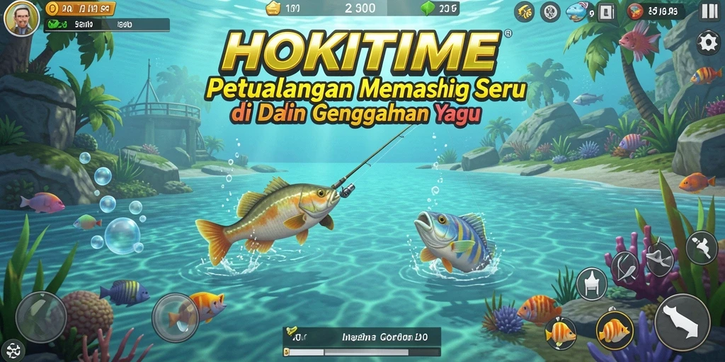 Gameplay HOKITIME yang menampilkan aksi memancing seru dan interaksi ikan.